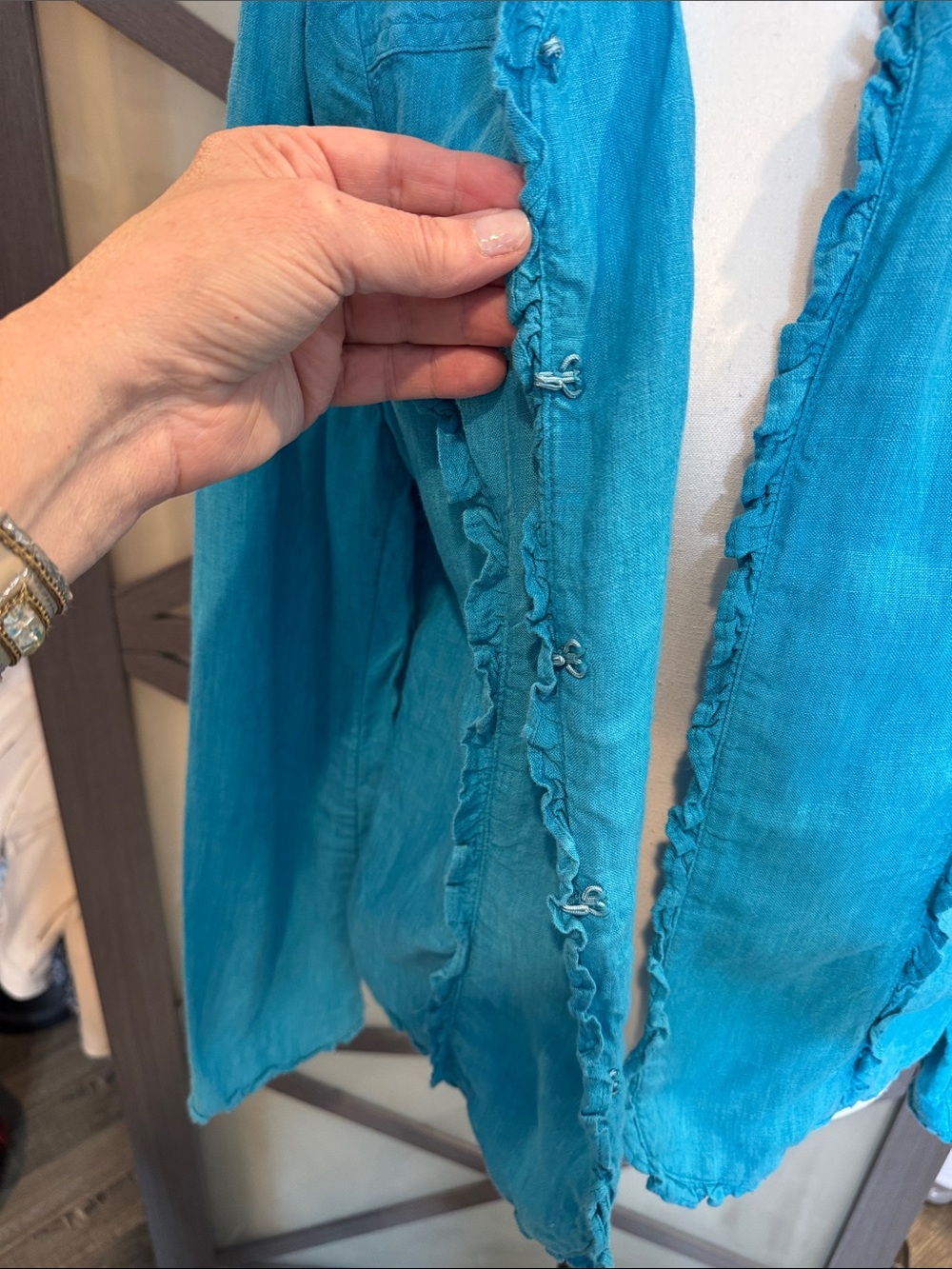 Chico's Turquoise Ruffled Open-Front Jacket - Picture 4 of 11